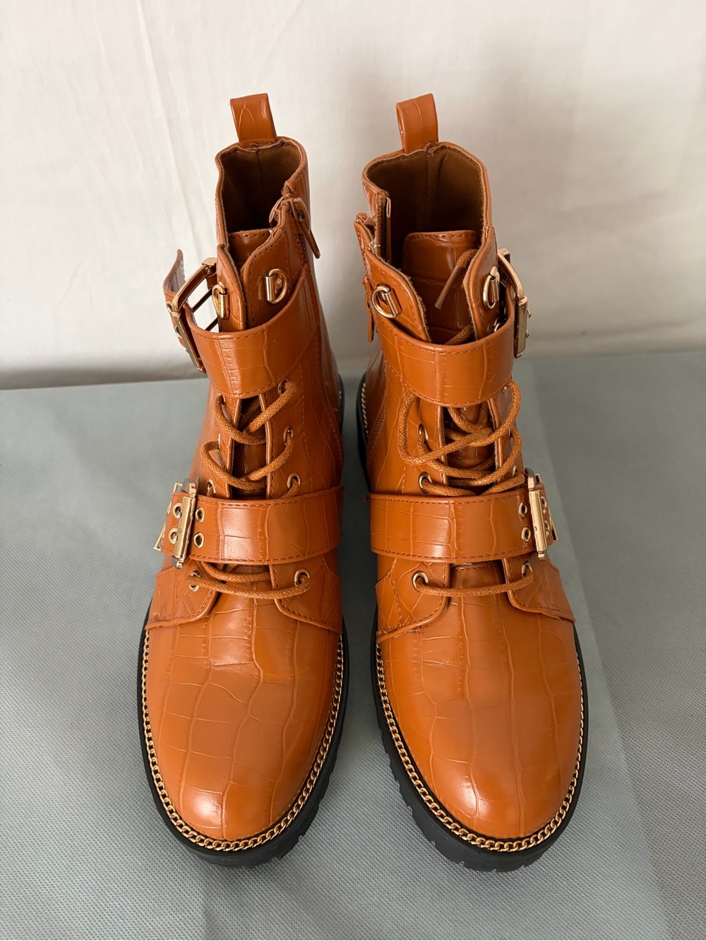 ASOS women’s size 7 Design Brown Croc Embossed Combat Ankle Boots Buckle(B219)